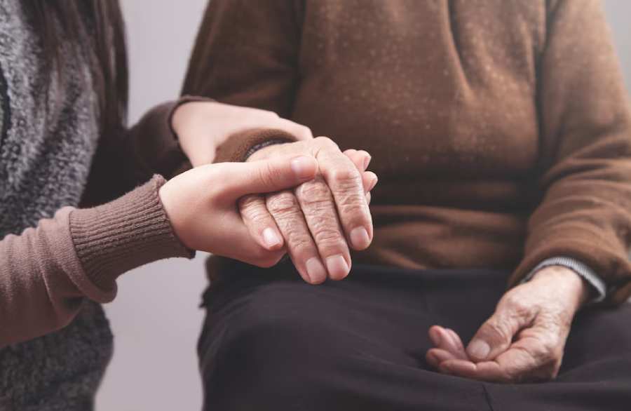 Anniversary’s and Christmas girl-supporting-elderly-woman