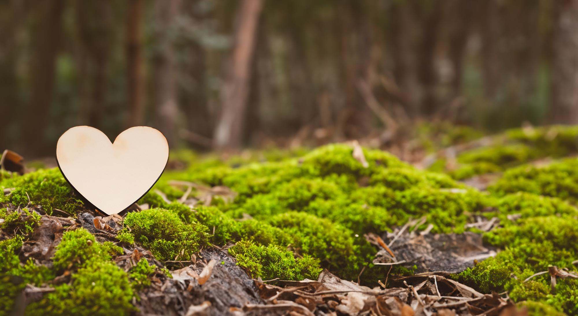 Beautiful heart made of tree wood in a green forest